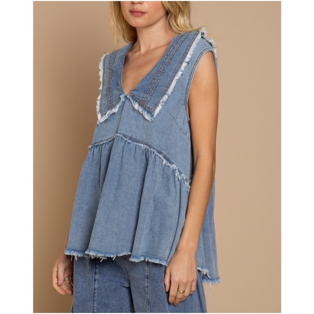 POL Denim-Look Sleeveless Peplum Top in Light Blue